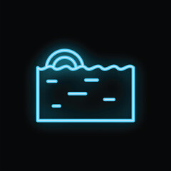 Blue neon sign representing a swimming pool with an inflatable ring, ideal for projects related to summer, vacations, and leisure