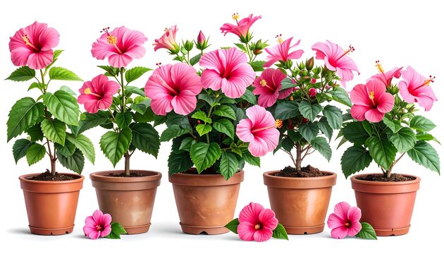 Five potted hibiscus plants with vibrant pink flowers and lush green leaves in terracotta pots, isolated on white