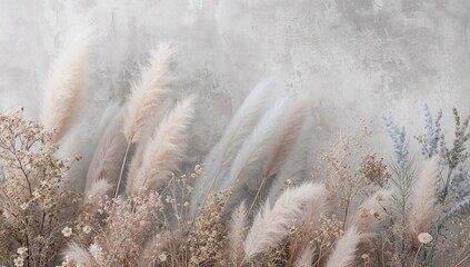 Fototapeta premium Soft pastel pampas grass set against a muted stone backdrop. Boho-inspired natural scenery.