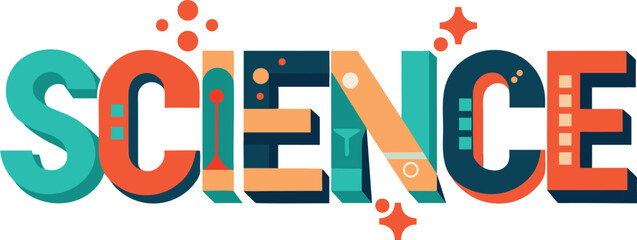 Colorful science word art with fun shapes and vibrant colors on white