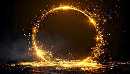 Glowing golden circle with sparkling light effects on a textured dark background. Wisps of smoke add mystery