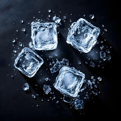 Obraz premium Four clear ice cubes with jagged edges scattered in a dynamic arrangement isolated on transparent background