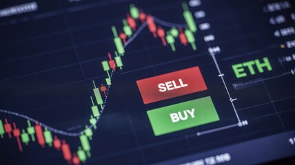 A digital display showing a stock market graph, with Sell and Buy buttons prominently displayed