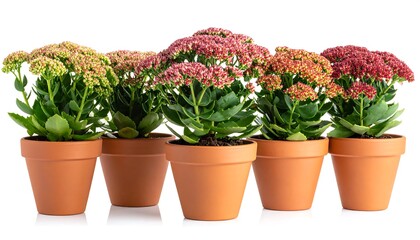 Five potted plants with colorful clustered blooms in a row, terracotta pots against a clean white background