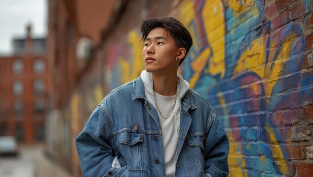 Urban street portrait of a young man showing calm confidence, cinematic lifestyle shot for fashion branding, denim jacket and hoodie beside a colorful graffiti wall, streetwear look for ads