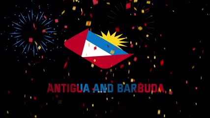 Antigua and Barbuda flag badge, with confetti effect on transparent background. 4K video
