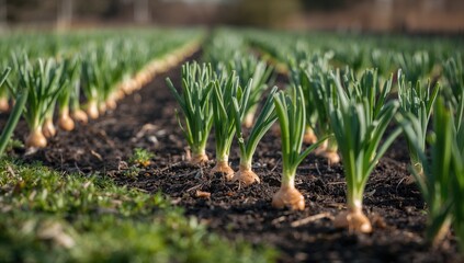 Spring onion plants thriving in garden soil, beneficial for culinary use