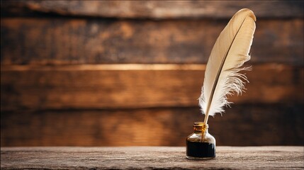 inkwell. A vintage desk featuring a feather quill and inkwell, illuminated by warm side lighting. real-estate listings.