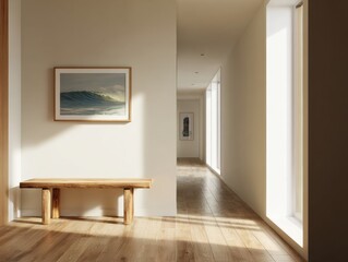 Obraz premium A wooden bench is in a hallway with a picture on the wall