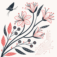 Stylized floral arrangement with a butterfly and subtle circuit board pattern representing nature and technology fusion
