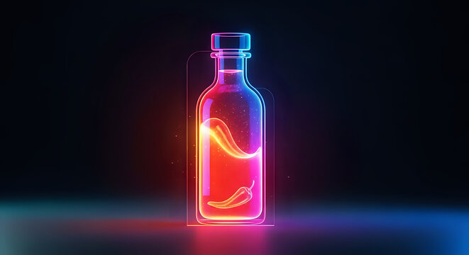 Vibrant neon hot sauce bottle with chili peppers, perfect for modern food branding, restaurant menus, or spicy food promotions with a fiery kick