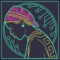 Stylized illustration of a young woman wearing a patterned headscarf and traditional clothing with a futuristic circuit board design in the background
