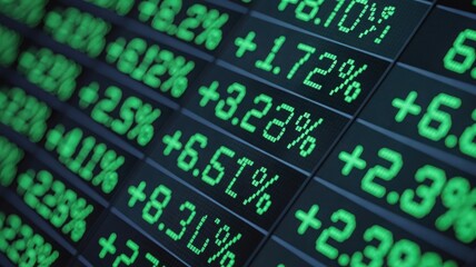Stock market numbers in digital display. A close-up shot of a digital display showing stock market data. The numbers and percentages represent the fluctuations of financial information