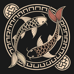 Stylized illustration of two koi fish swimming in a circular pattern with a decorative border symbolizing balance and harmony in a traditional asian art style