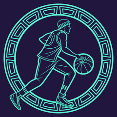 Fototapeta premium Stylized outline of a basketball player dribbling a ball within a decorative circular frame against a dark background conveying motion and athleticism