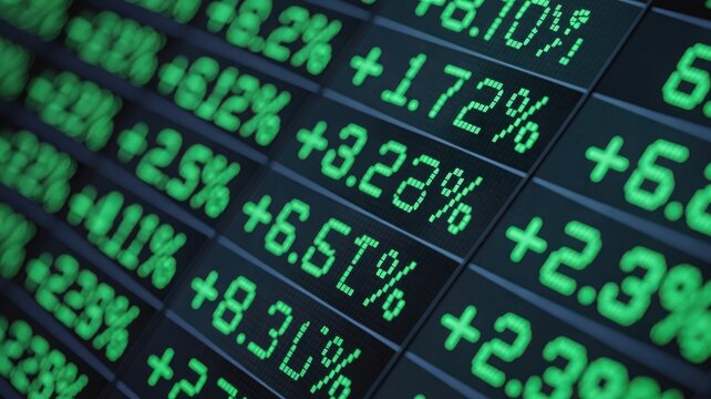 Stock market numbers in digital display. A close-up shot of a digital display showing stock market data. The numbers and percentages represent the fluctuations of financial information