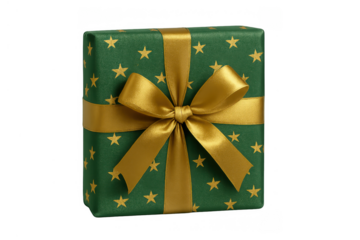 Green gift box with gold star pattern and ribbon bow, celebrating holidays, birthdays, and special occasions