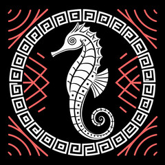 Stylized white seahorse silhouette with intricate geometric patterns and coral accents on a black background evoking ancient greek motifs and ocean life