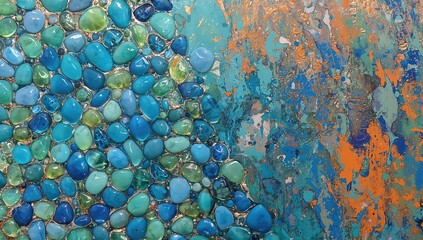 Blue green mosaic glass pebbles texture, ideal for backgrounds and layouts