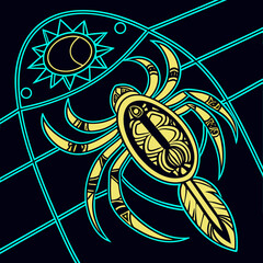 Stylized yellow spider with intricate tribal patterns and a feathered tail set against a dark background with a celestial sun and grid lines