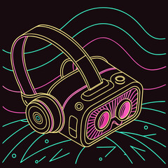 Vibrant neon outline of a virtual reality headset with headphones and abstract wavy lines in teal and pink against a dark background