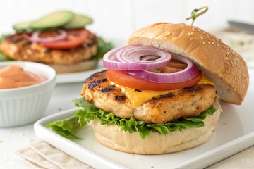 Grill chicken burger on white background