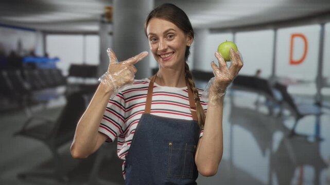 Woman smiling face holding green apple with gloved hands and points finger to apple in airport terminal near gate seating and sign d; healthy snack joy.