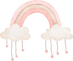 Watercolor Illustration Boho Rainbow and Cloud with Hearts
