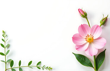 Fototapeta premium delicate pink flower arrangement crisp white background surrounded fresh greenery subtle watercolor texture set