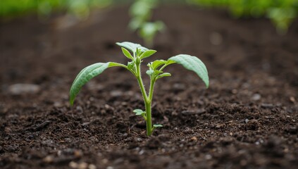Close-up of a freshly planted green tomato sprout in a garden row. Organic home gardening with natural, non-GMO produce. Gardening and horticulture theme.