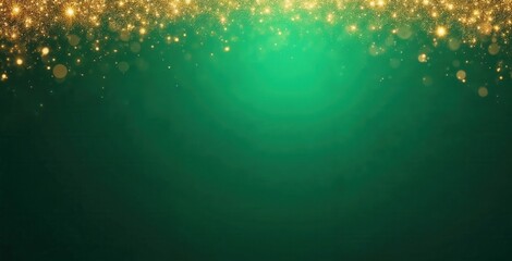 Abstract green background with falling gold glitter and bokeh lights. Festive holiday design for Christmas or special events. Elegant wallpaper with copy space