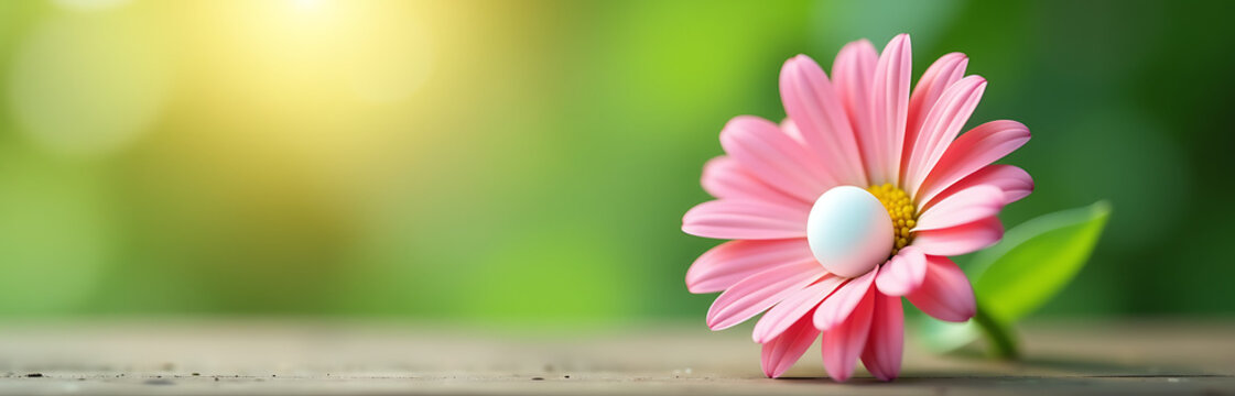 delicate pink daisy blooms soft diffused morning light center cupped around miniature white plastic egg subtle pastel