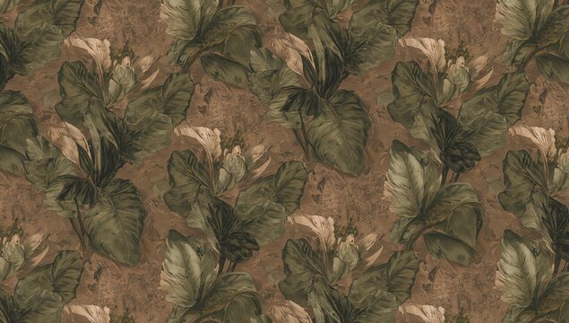 Foliage pattern featuring Ctenanthe oppenheimiana leaves in green and brown hues, suitable for UI backdrop