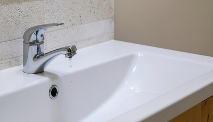 Closeup of a modern chrome faucet with a water drop in a clean white bathroom sink with beige wall in the background