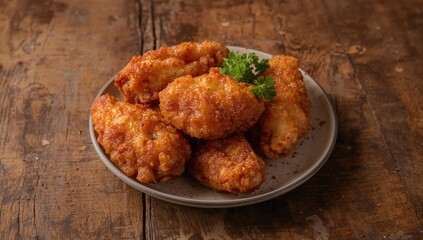 Crispy, golden-fried chicken portions arranged on a weathered wooden surface, showcasing a homemade essence