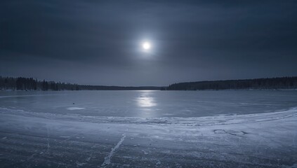 Frozen lake illuminated by moonlight, seasonal change