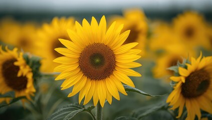 Naklejka premium Bright yellow sunflowers captured in close-up detail, highlighting the vibrant colors and textures
