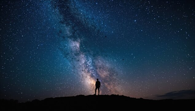 Stunning night sky showcasing the galaxy with a lone figure atop a mountain silhouette - Powered by Adobe