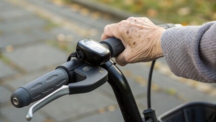 Senior Hand on Mobility Scooter Handlebar in Outdoor Setting