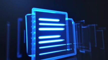 Glowing blue folder icons with document lines appear in a futuristic digital environment - Powered by Adobe