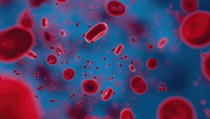 Naklejka premium Close-up view of red blood cell clusters against a blue backdrop. A medical and scientific abstraction illustrating micro processes and health conditions within the body.