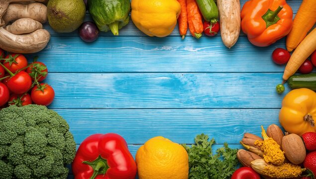 Flat lay of assorted fruits and vegetables for visual appeal, promoting healthy eating habits - Powered by Adobe