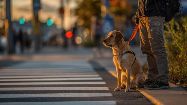Trusted Guide Dog Team Waiting at Crosswalk Under Glowing Golden Hour Light with Harness Handle in Hand, Pedestrian Signal Countdown - Powered by Adobe