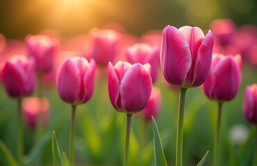 Obraz premium delicate field vibrant purple tulips full bloom bathed warm golden sunlight soft focus surrounding