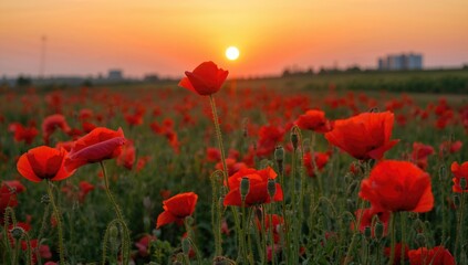 Vibrant field of red poppies illuminated by sunset, seasonal change