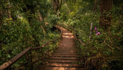 Wooden staircase trail through lush greenery