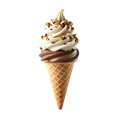 Soft-serve vanilla and chocolate swirl ice cream cone with nut topping isolated on transparent background