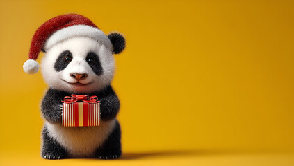 Adorable panda wearing a Santa hat, holding a colorful gift against a bright yellow background, perfect for holidays.