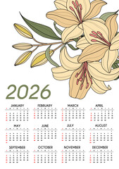 Floral calendar template for 2026. Vertical design with Flower theme vector. Vector illustration page template printable wall. Week starts on Sunday.