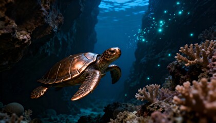 Obraz premium Bronze Sea Turtle Gliding through Dark Coral Canyon Under Ethereal Blue Bioluminescence